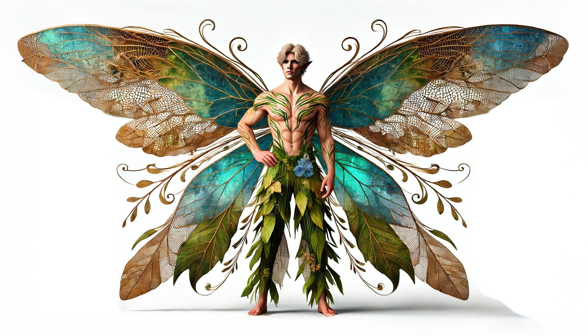 a full body image of an older male fairy with large, strong wings that have intricate, veined patterns. He is standing majestically, wearing...