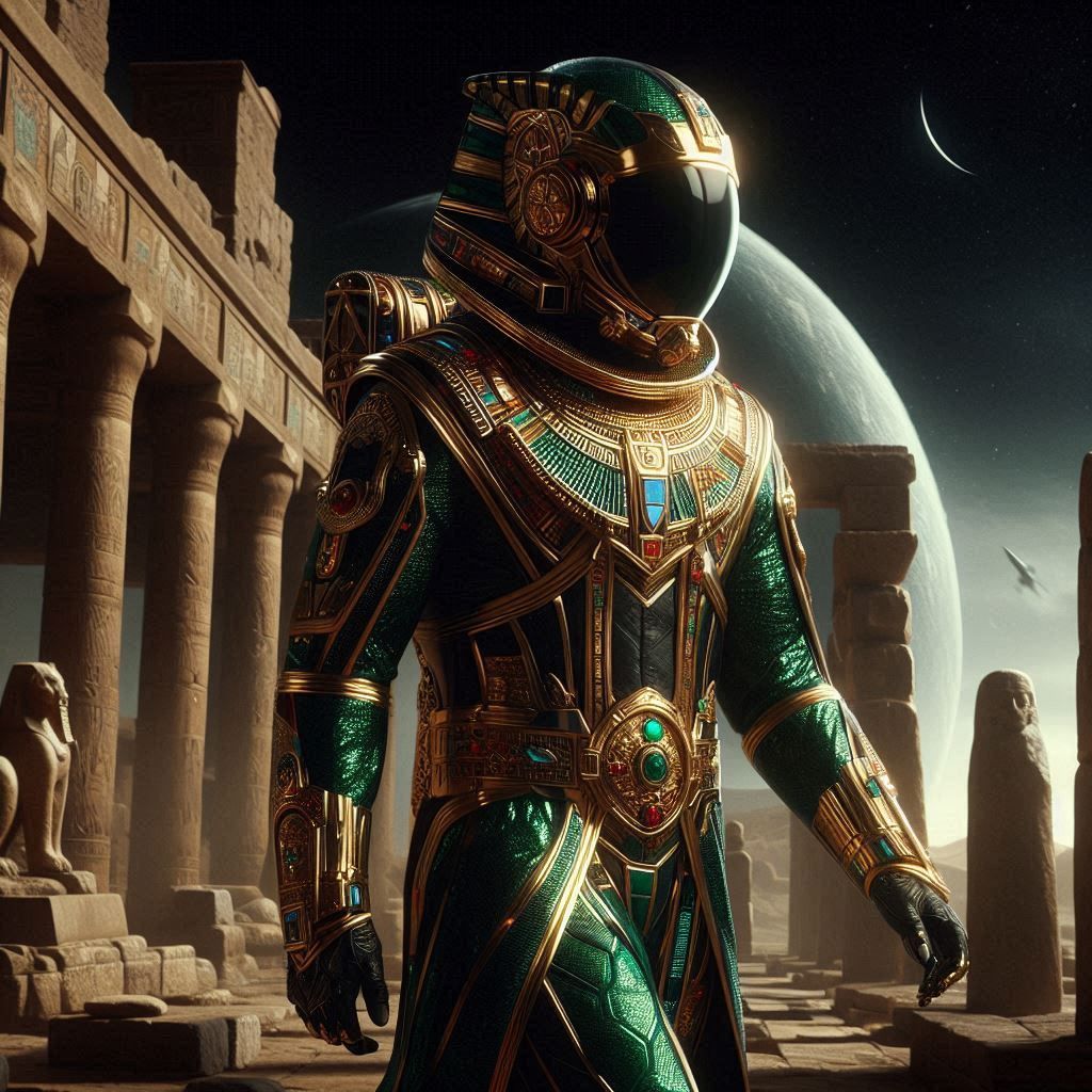 among ancient Japanese ruins Tutankhamun walks dressed as an astronaut, the suit is dark emerald with gold on a black background, he walks a...
