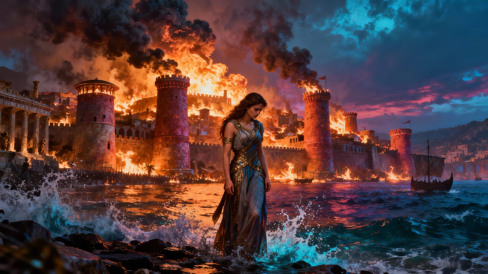 Cassandra stands in despair before the burning city of Troy