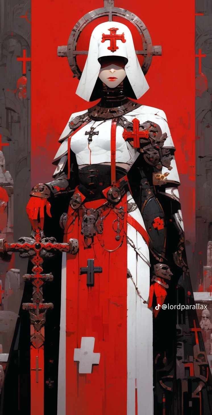 slender and young beautiful nun, fair skinned, with a halo of saintliness, earing heavy white and red combat power armor, with religious and...