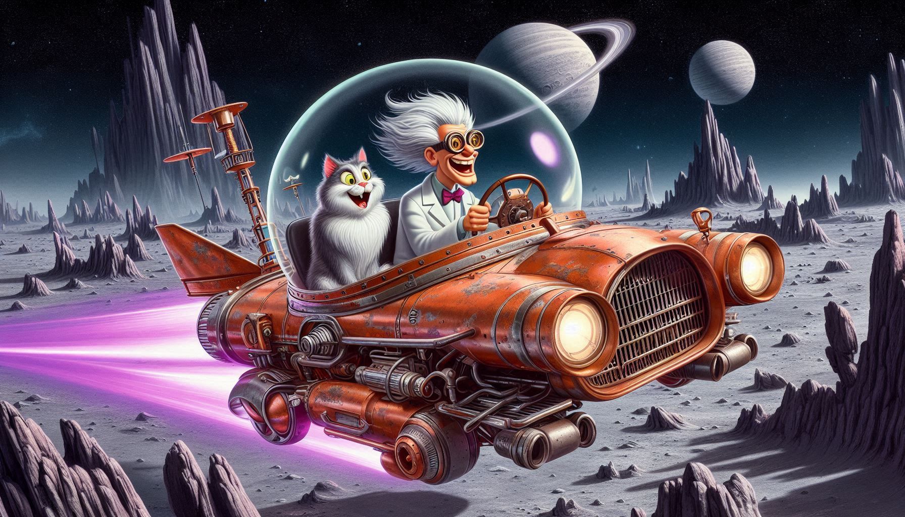 Steampunk flying car over surface of alien planet