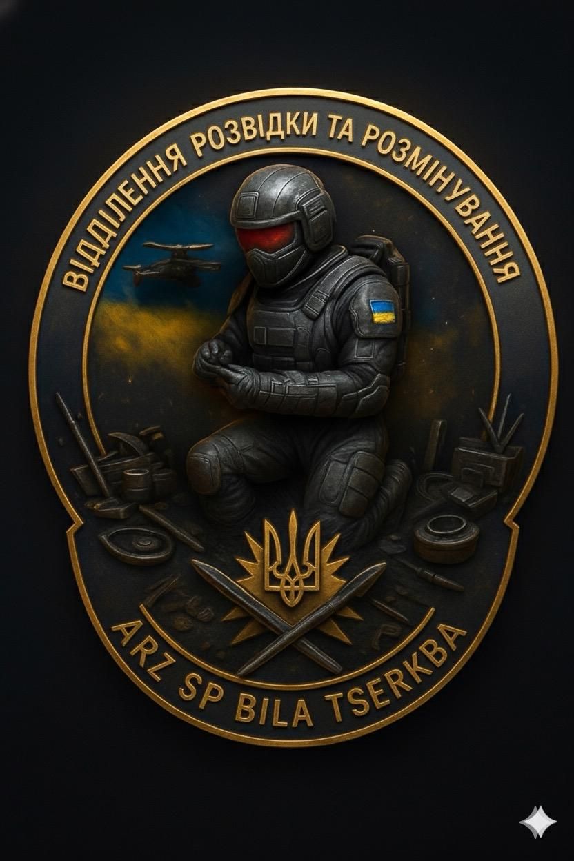 зображення оформлене як військовий чи спеціальний шеврон/емблема з детальним рельєфним дизайном. Центральний елемент: Фігура військовослужбо...