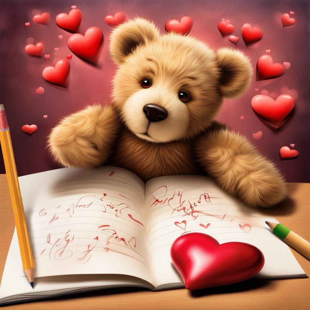 Glossy airbrushed image of a teddy bear with pink hearts on the bottom of its feet, lying on its stomach and happily concentrating on writin...