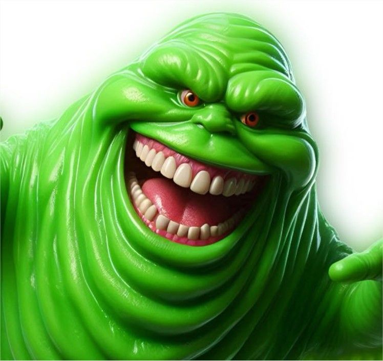 A glutton ghost, green, slimer, big mouth, smiling, big tooth, a lttle bit evil but not to much, isolated, big belly, longo arms, long finge...