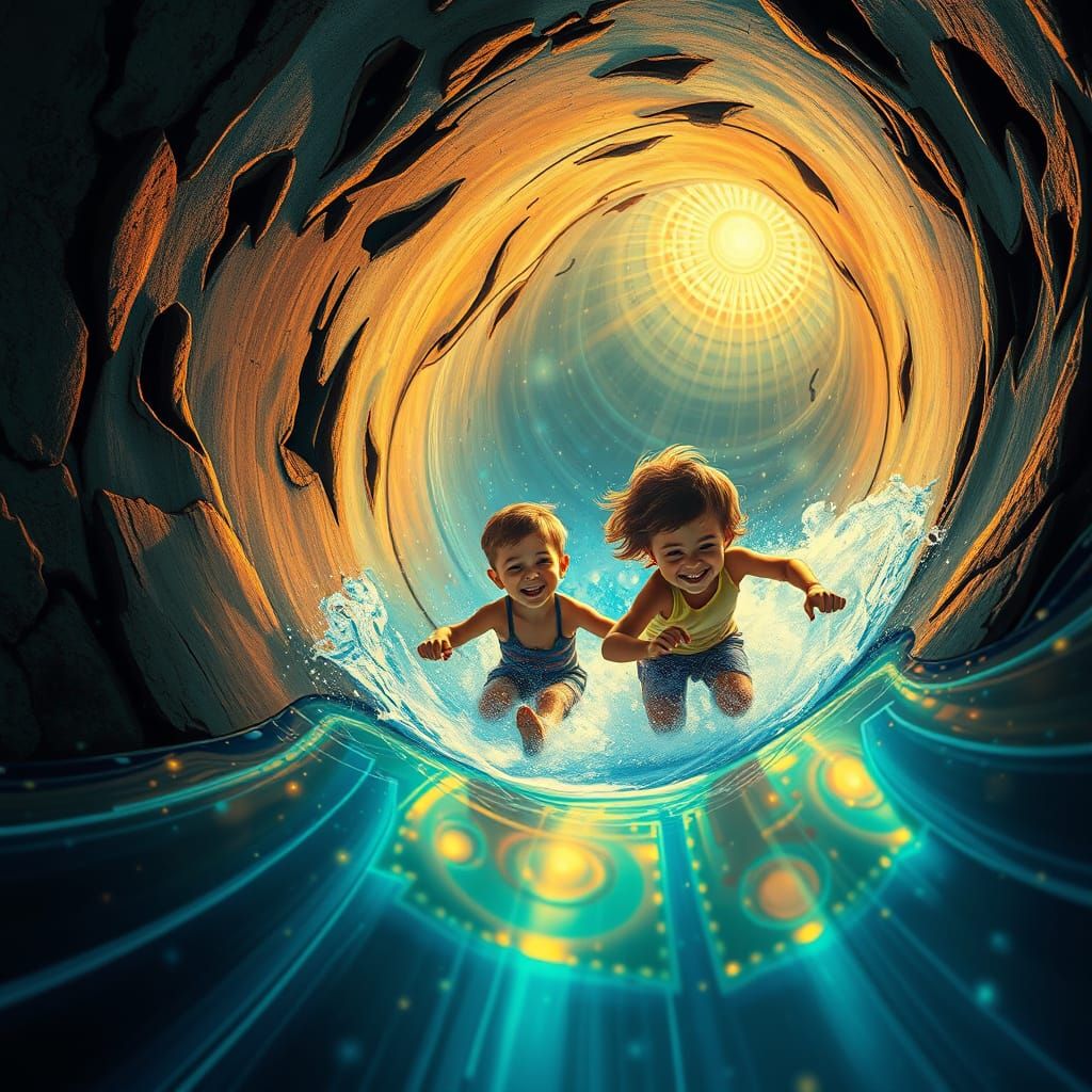 they are sliding down the waterslide