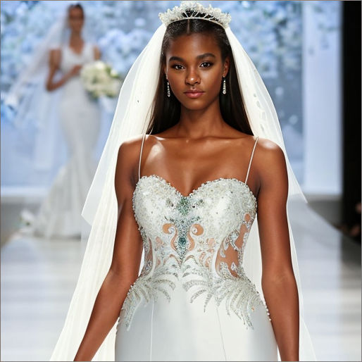 Beautiful light skinned lady wearing a very creative wedding gown on a runway with "ETHEL FLAIR" written on the screen of the stage