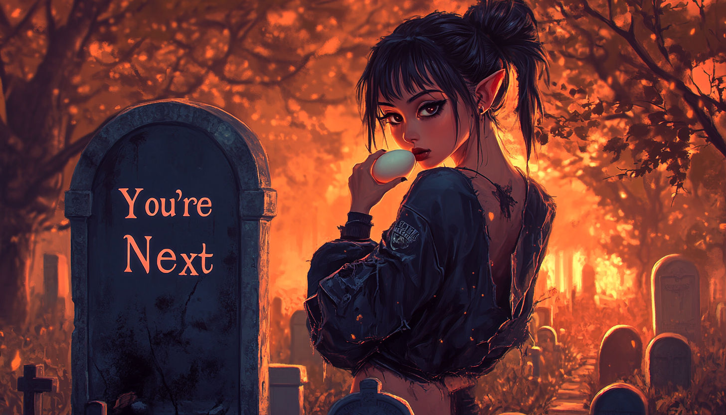 A very beautiful woman demon standing in a cemetery in front of a tombstone which reads "You're Next" She is eating a hard boiled egg. Photo...