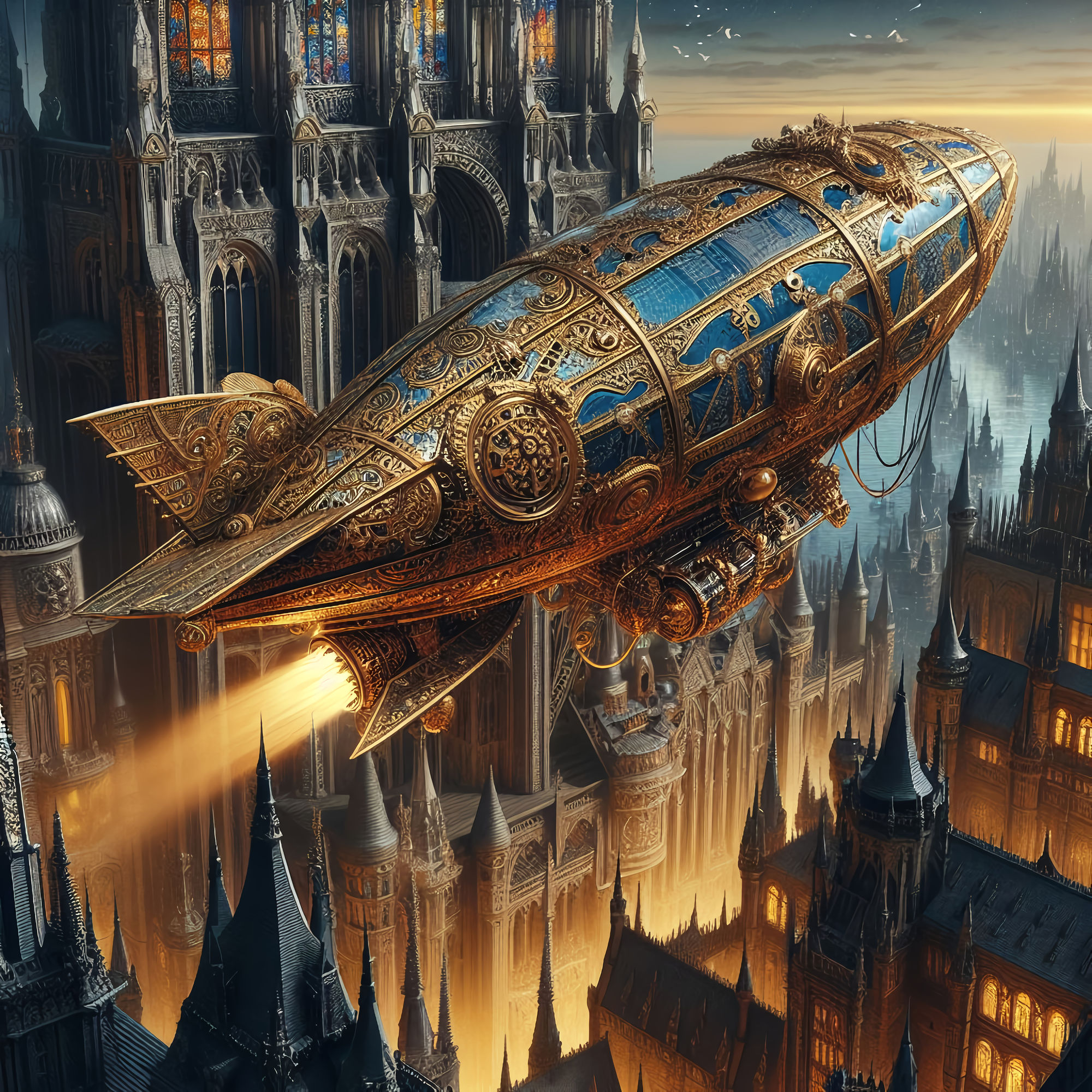 "Imperial Zeppelin" - a steampunk zeppelin, with gold filigree, flying in the skies of a surrealistic cyberpunk gothic medieval city - color...
