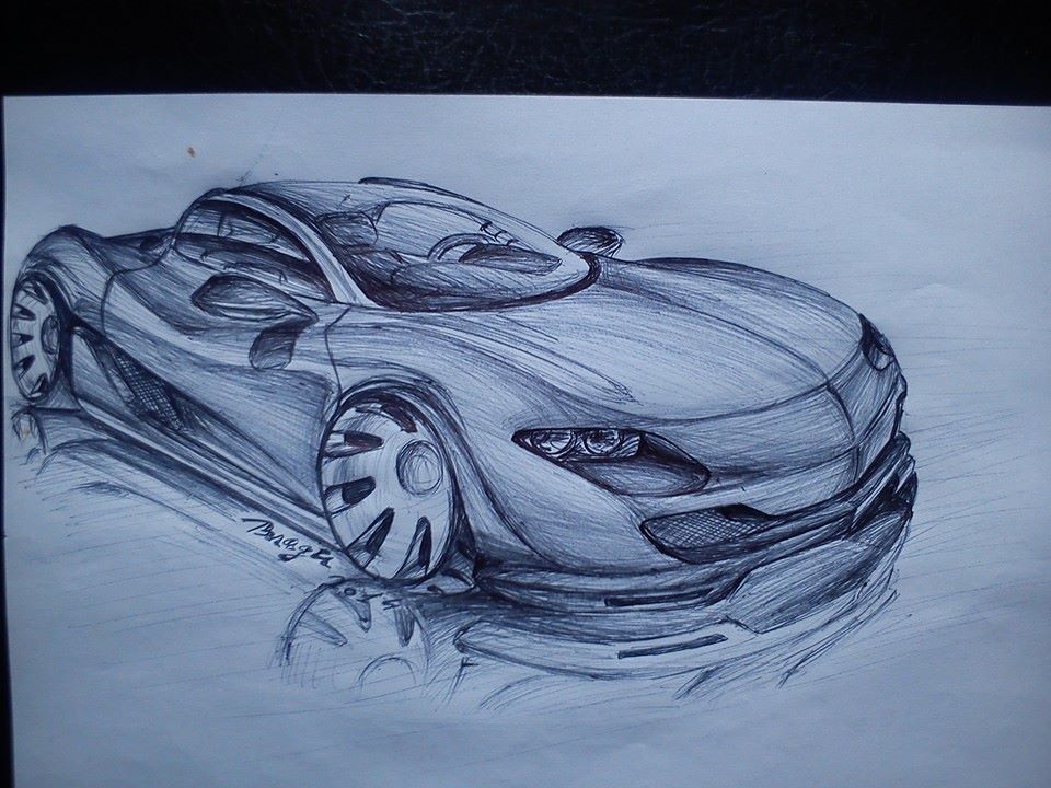 Futuristic sport car with glass roof, big aluminium wheels , black metallic colour.