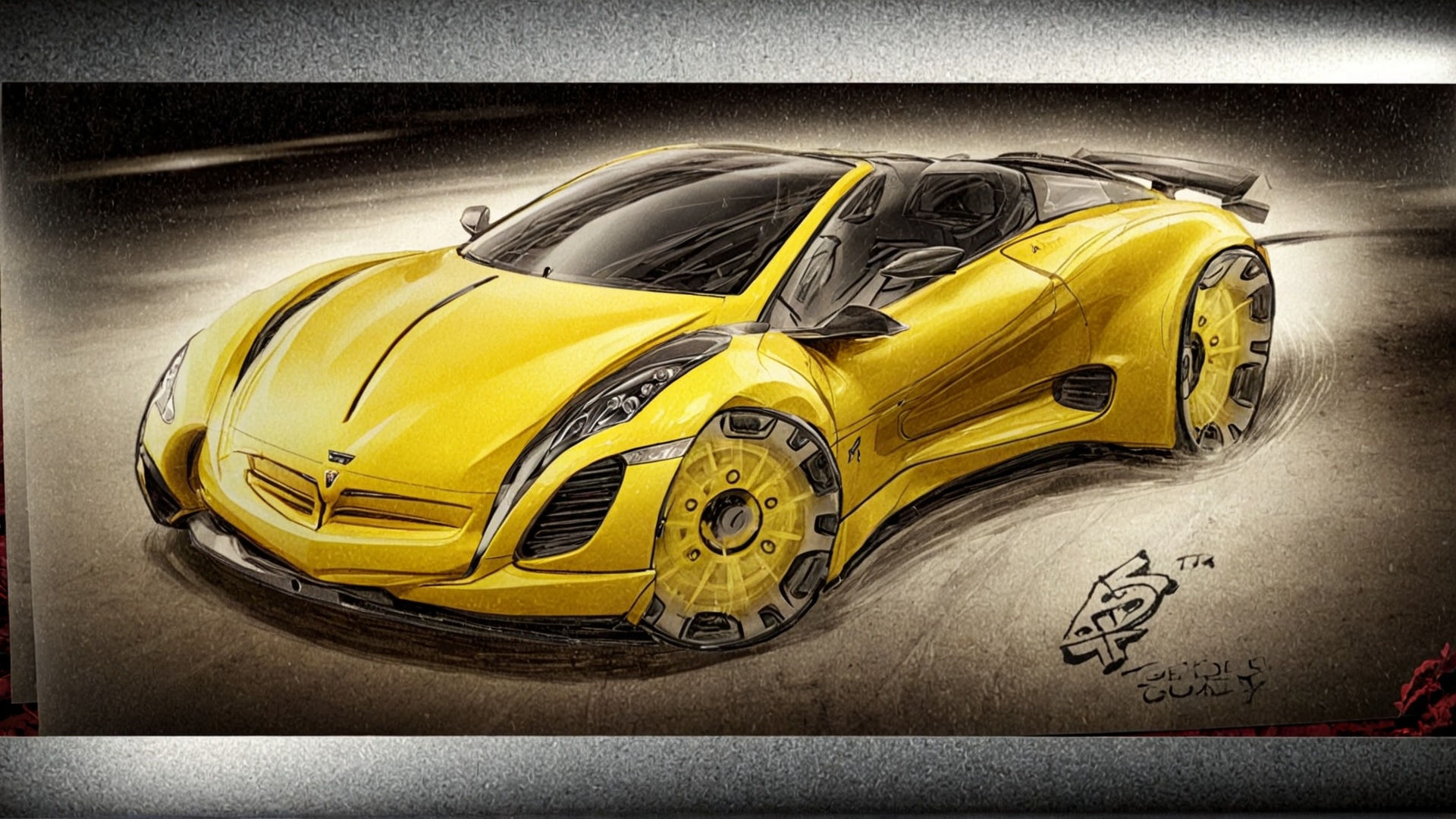 Futuristic yellow sports car with sleek curves, large wheels, aerodynamic design, and convertible roof, set in a dynamic driving pose. 