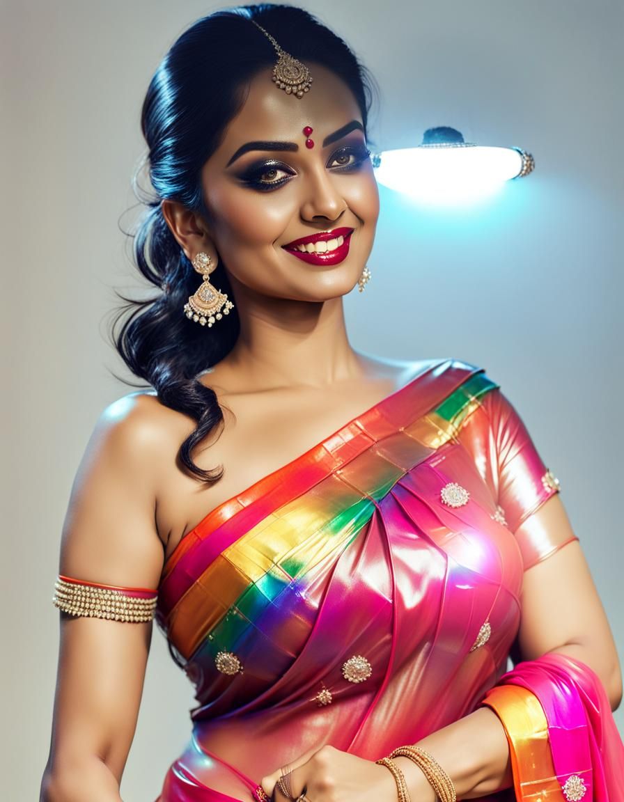 realistic shiny models portrait, a beautiful curvy plus size woman, dusky beauty, wet clothes, wet blouse, with slim waist, 60 D chest size,...