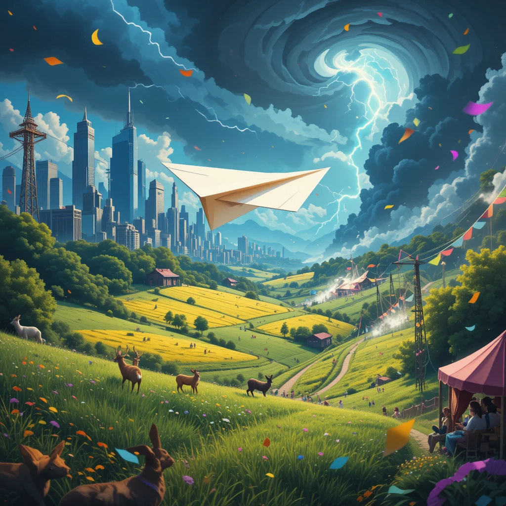 "An animated scene depicting the journey of a paper plane through diverse environments. The plane soars gracefully past a bustling city with...
