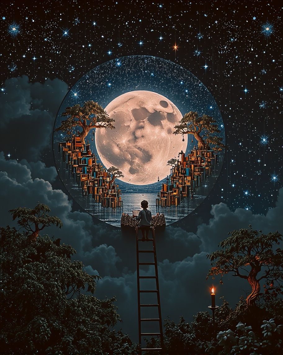 Intricate library made of the silver moon, Mid shot enchanted library hidden within the moon, creative Masterpiece by Patrick Woodroffe and ...