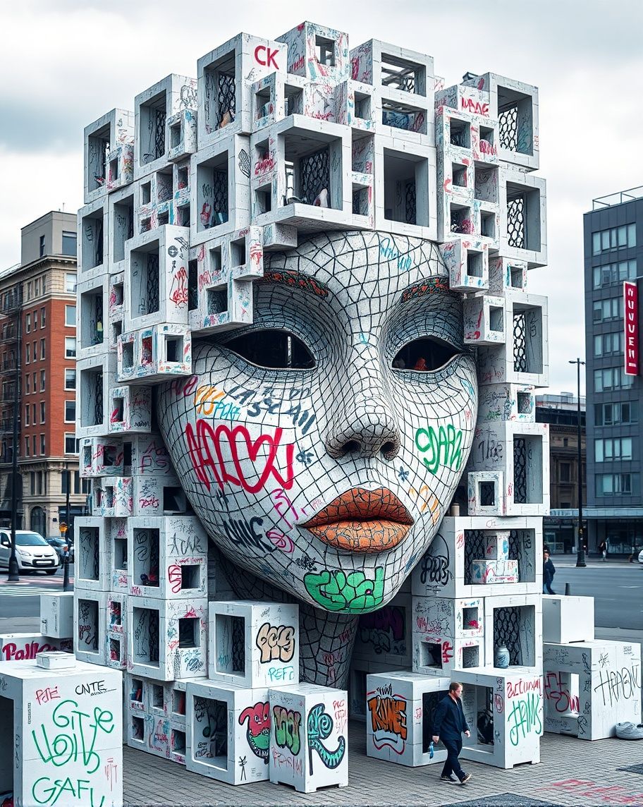 An urban structure made of more than two hundred intricate hollow squares, it forms a monument of an admirable female face and is filled wit...