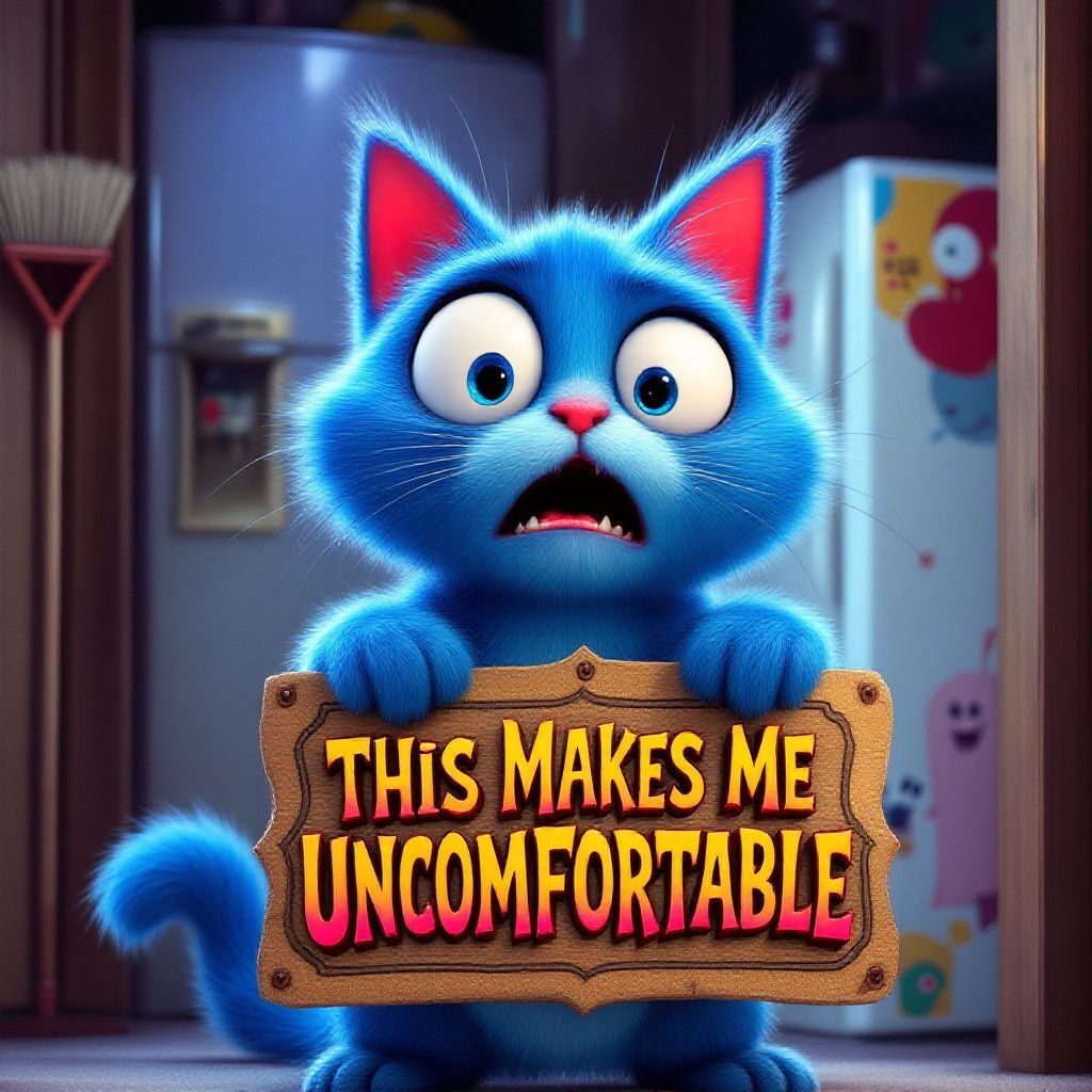 A digitally rendered cartoon-style image featuring a blue anthropomorphic cat with exaggerated features such as large ears, wide eyes, a sma...