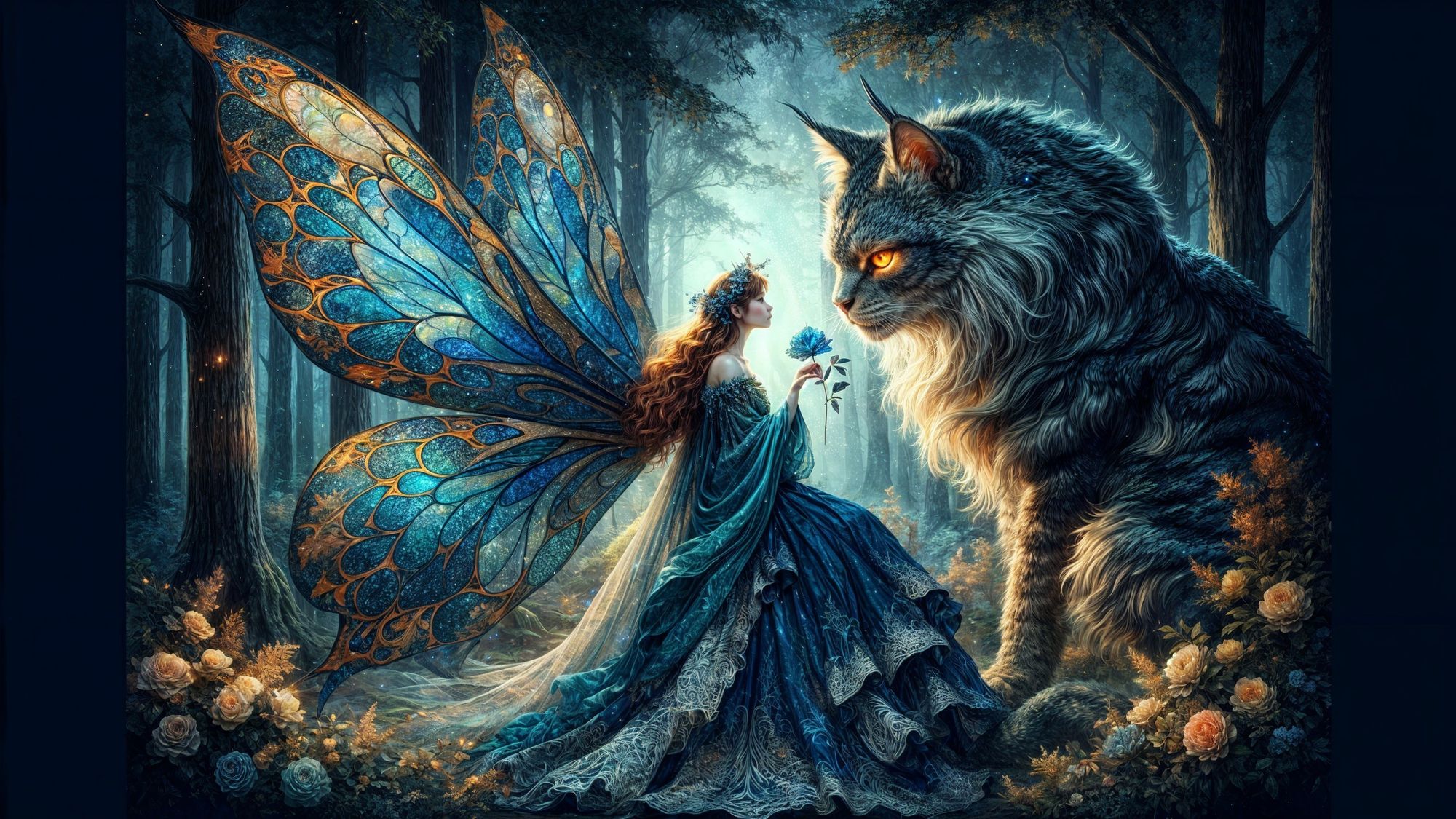 A mystical scene features a fairy with large, ornate blue wings, holding a blue flower, standing before a majestic, glowing-eyed wolf in a v...