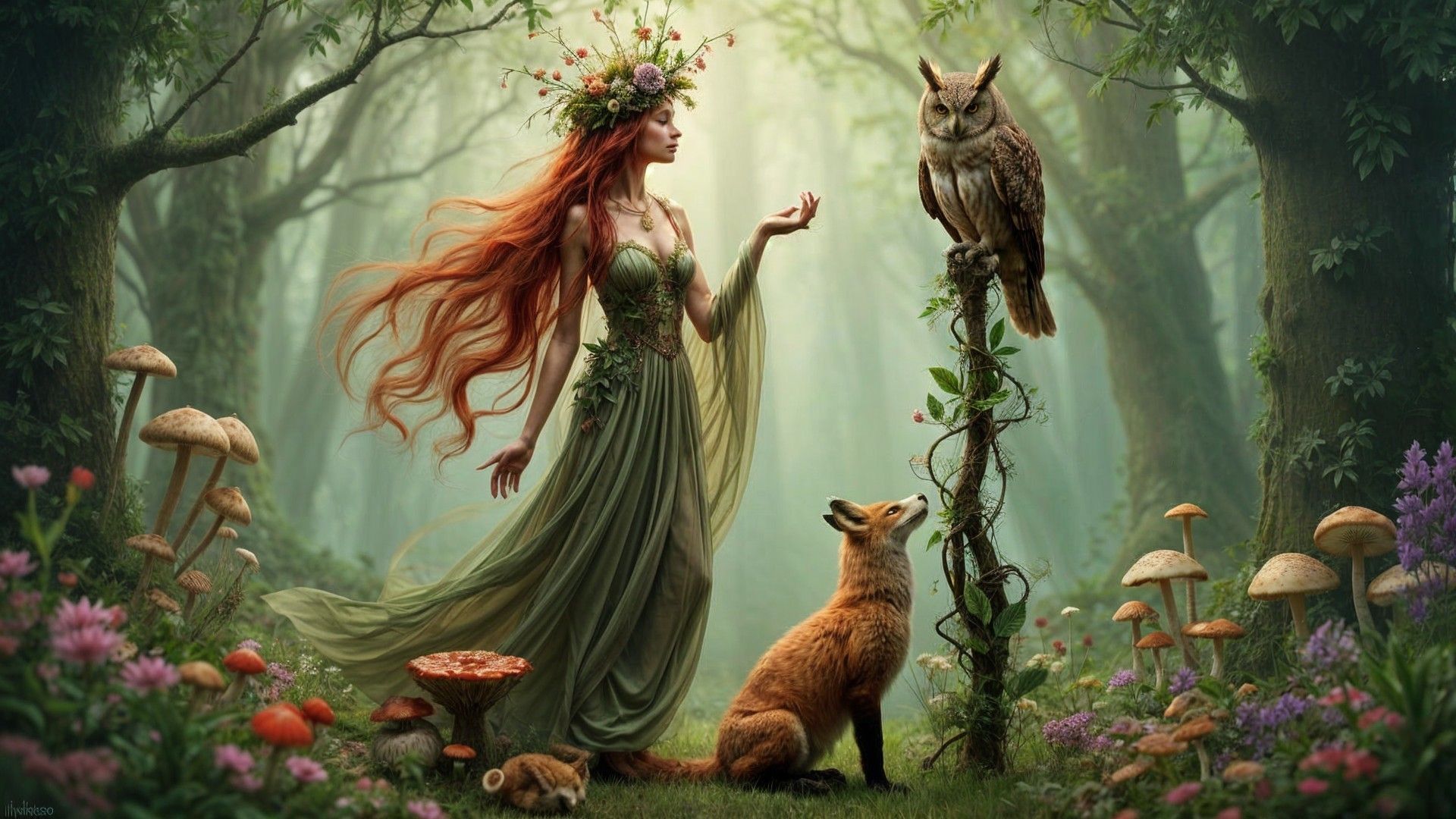 A mystical forest scene features a woman in a flowing green dress adorned with flowers, accompanied by a fox and an owl, surrounded by vibra...