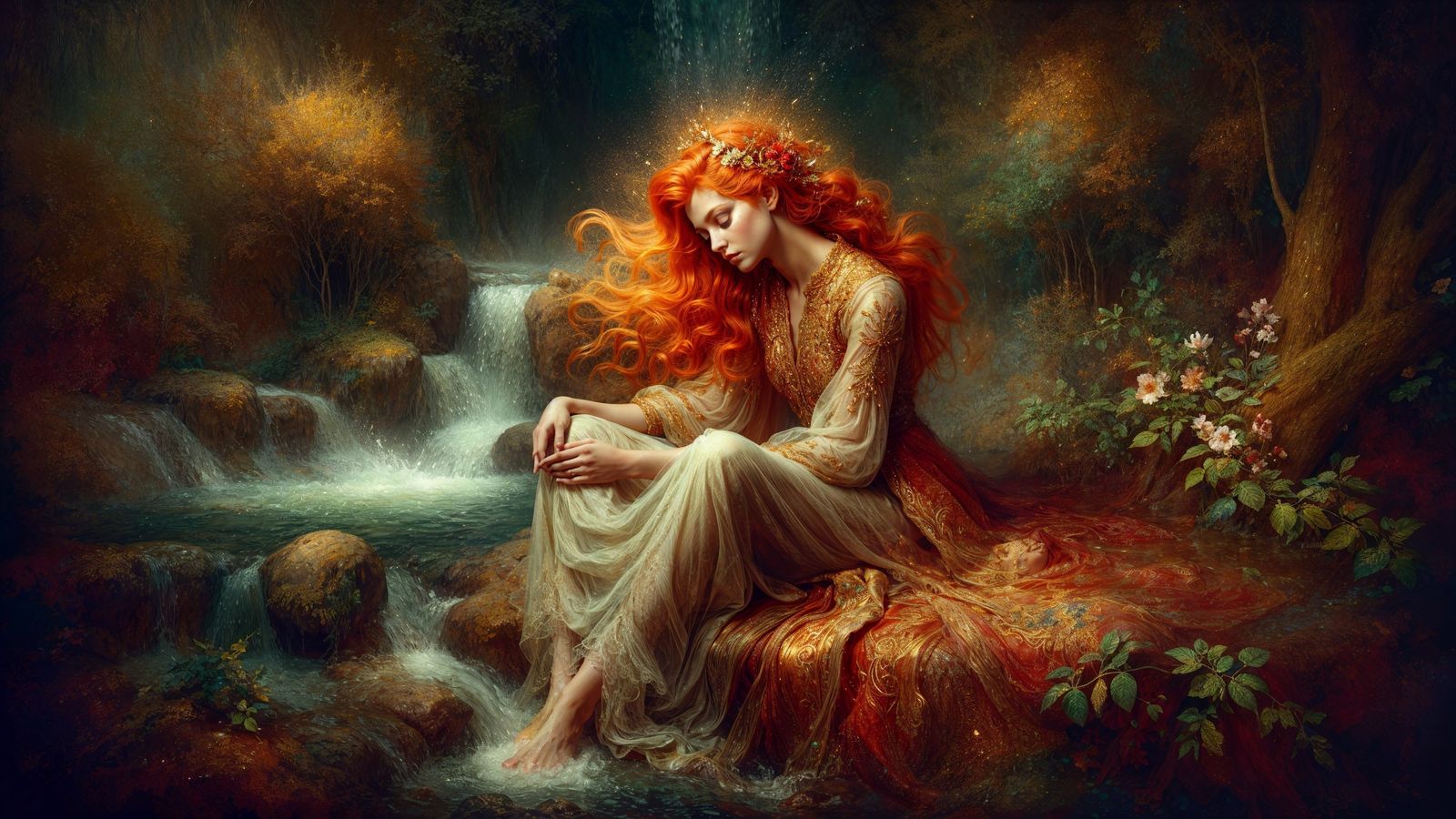 A serene woman with flowing red hair sits by a tranquil waterfall, surrounded by lush greenery and delicate flowers, dre...