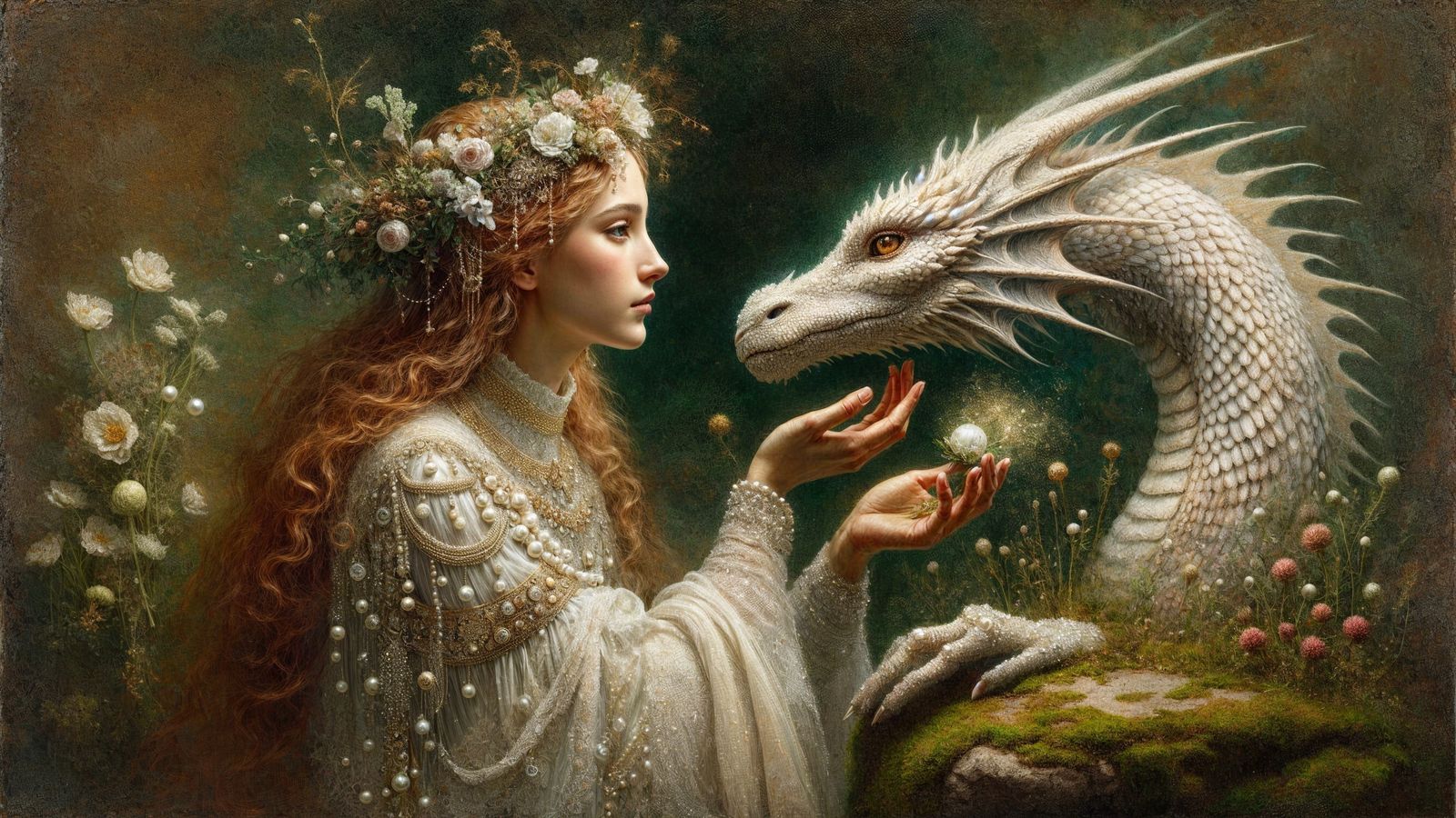 A woman adorned with flowers reaches out to a majestic white dragon in a lush, mystical setting, symbolizing a bond betw...