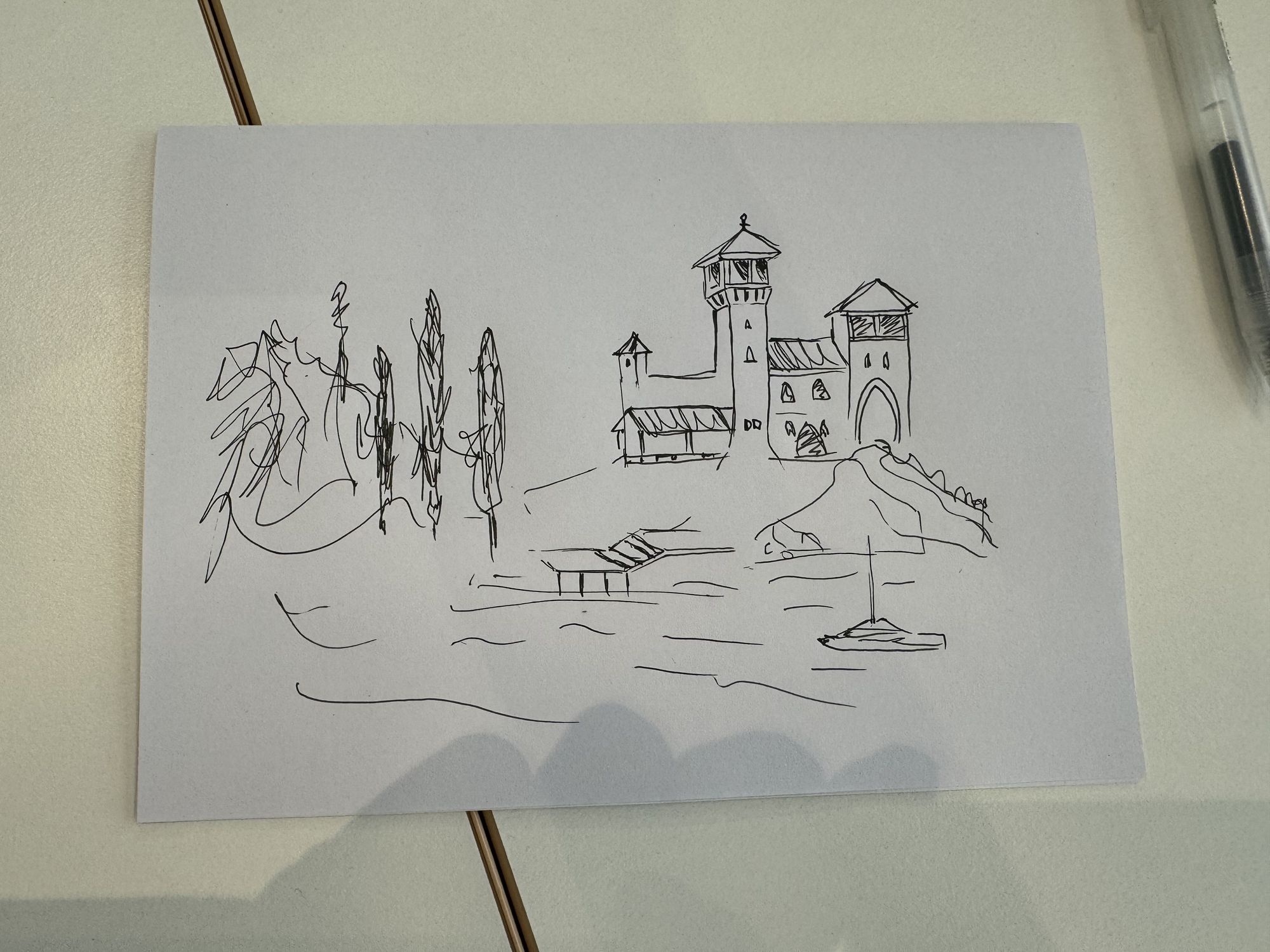 Make a modern beautiful tuscany house that sits at the shore of a beautiful lake. Painted by leonardo da vinci; realsitic, golden hour. 