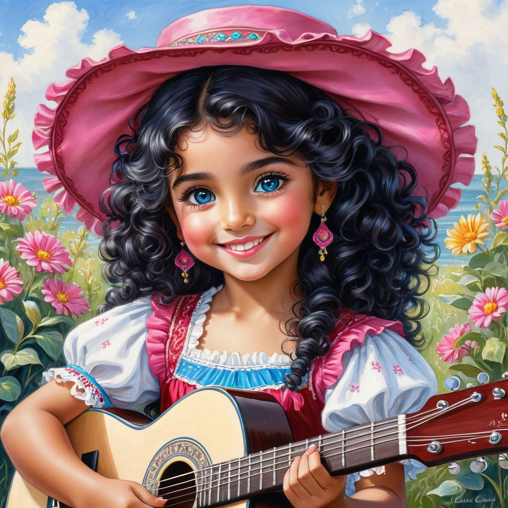 Little gypsy girl in summer, smiling, holding a guitar in her hands, black curly hair, blue eyes, long eyelashes, cute little gypsy girl, sh...