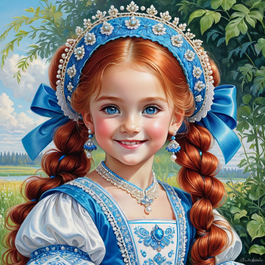 little girls in summer, Russian girl, smiling, long gunk red wavy hair tied in a ponytail, blue eyes, long eyelashes, sweet little beautiful...