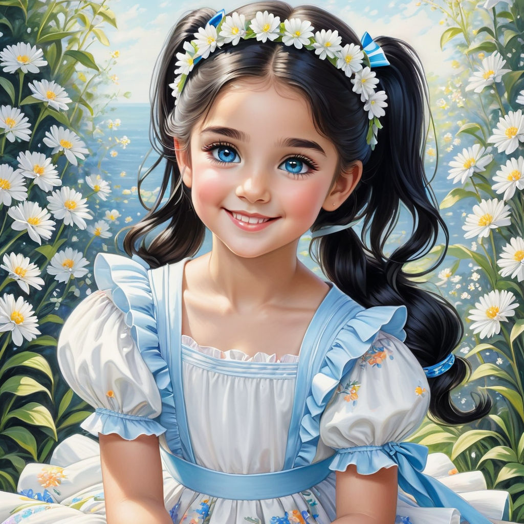 little girl in summer, smiling, half kneeling, long black hair tied in a ponytail, blue eyes, long eyelashes, sweet little beautiful girl, w...