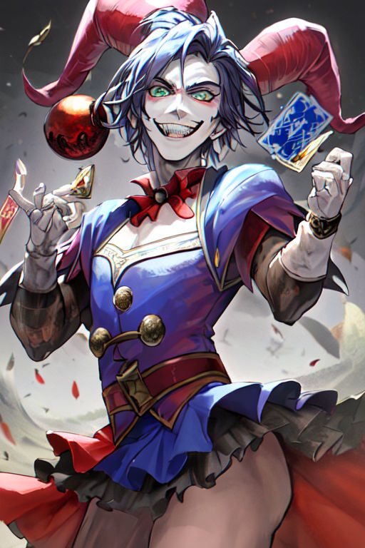 anime jester with playing cards
