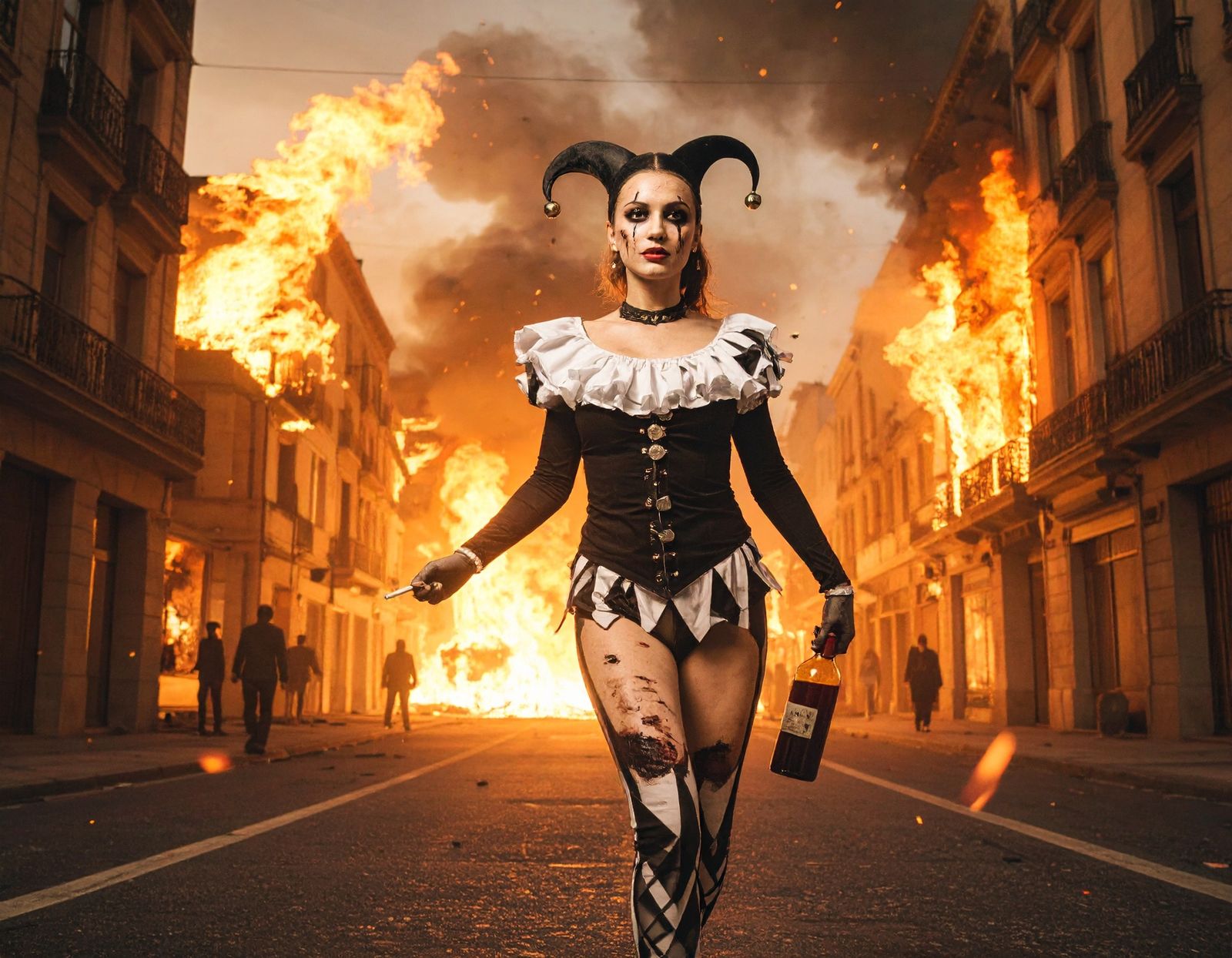 Flames roar wildly on a burning street, smoke drifting in the air. A harlequin figure walks toward the camera.