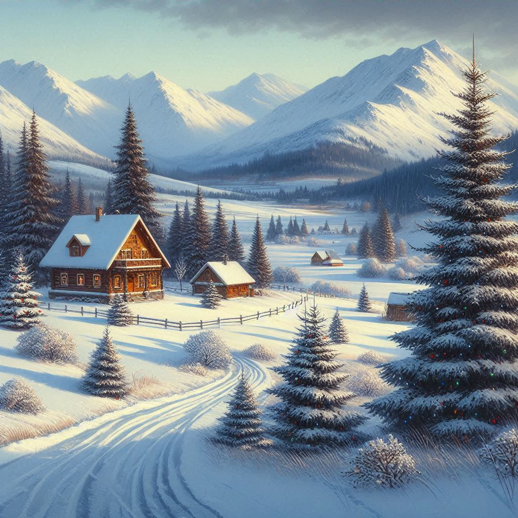 Winter landscape with children  sledding down the hill