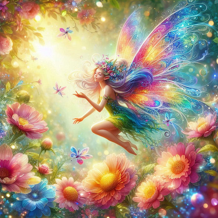 Colorful fairy, flowers and beautiful hummingbird