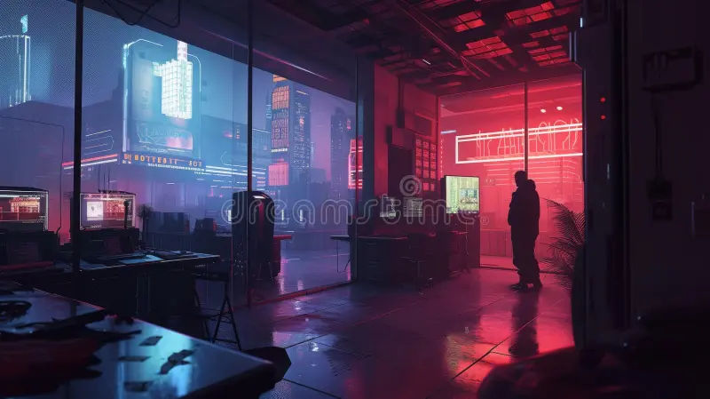 A very large, open, corporate, cyberpunk style room. A extremely wealthy, high tech office. On one side is a desk. On the other side is a si...