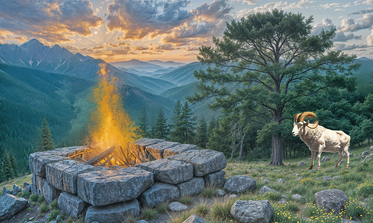 A rectangle of stones on green, mountainous soil, and on the stone are wood cuttings and burning coals. A fire is burning, and at the edge o...