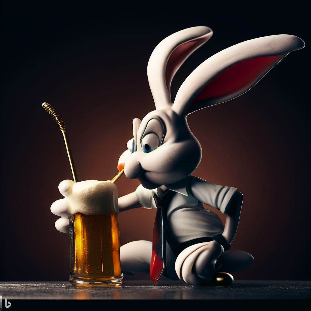 Bugs bunny drinking a beer with a straw 