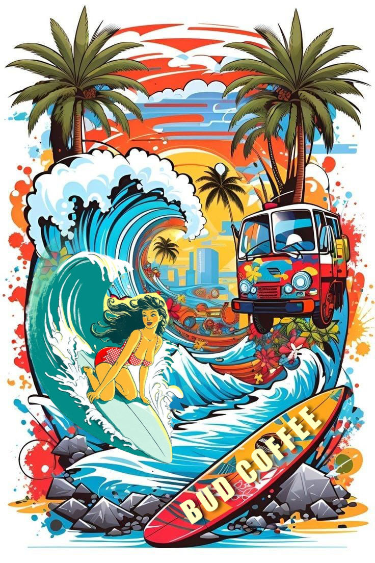 hot girl surfer, realistic, creative. 8k resolution, bright color detailed matte painting, deep color, fantastical, intricate detail, splash...