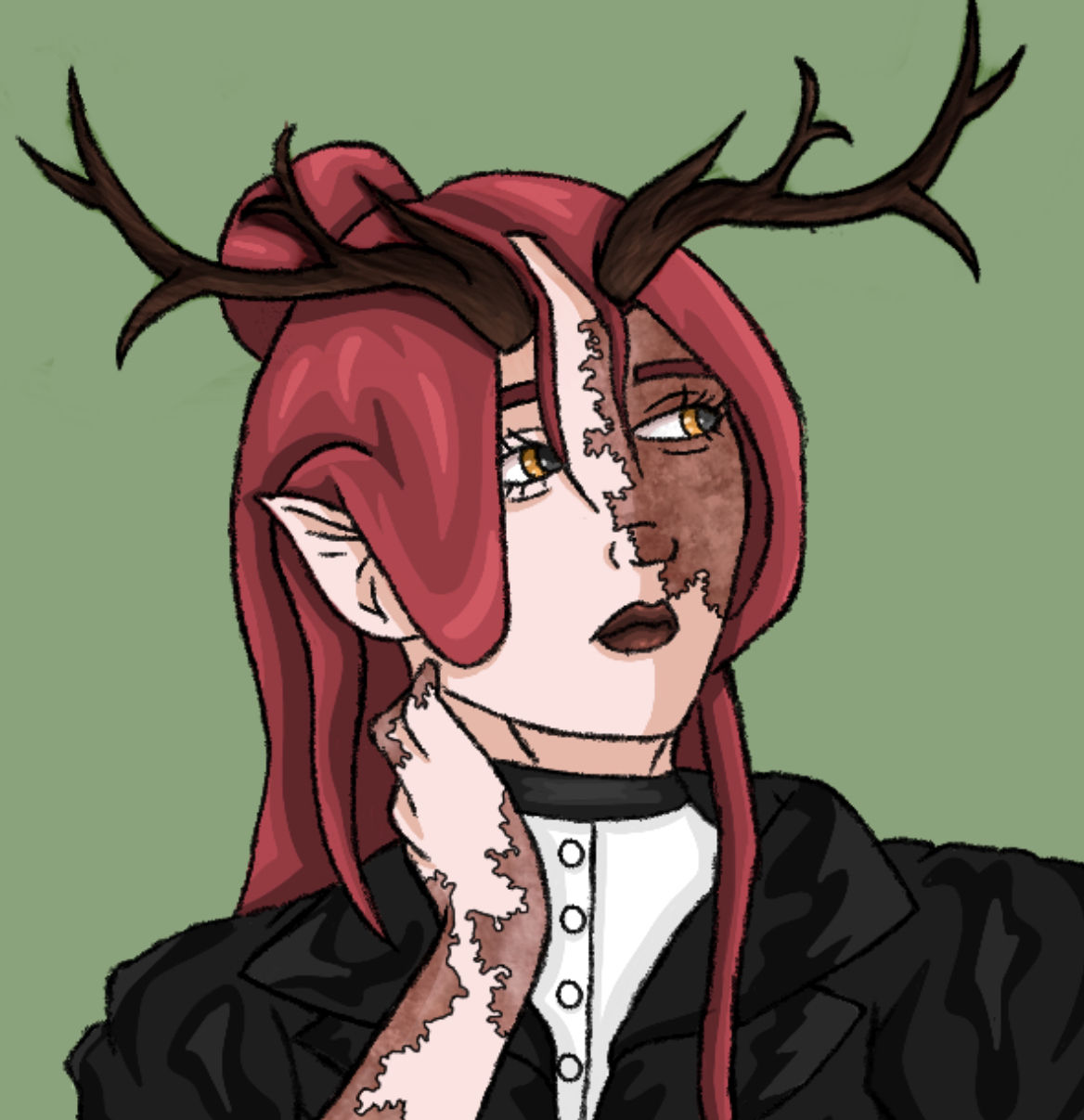 Female elf with red long hair and a bun. She wears a suit blazer that’s black. She has an annoyed expression and has golden eyes. 