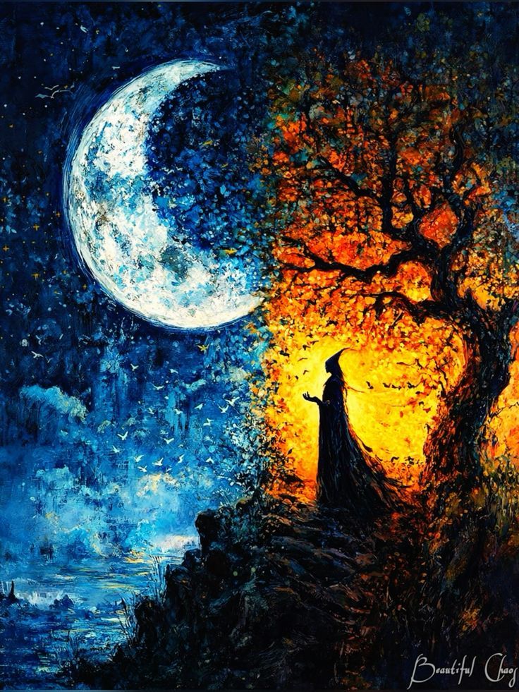 A mystical silhouette of a sorceress or witch standing at the edge of a cliff, caught between two realms—one side glowing with intense fiery...