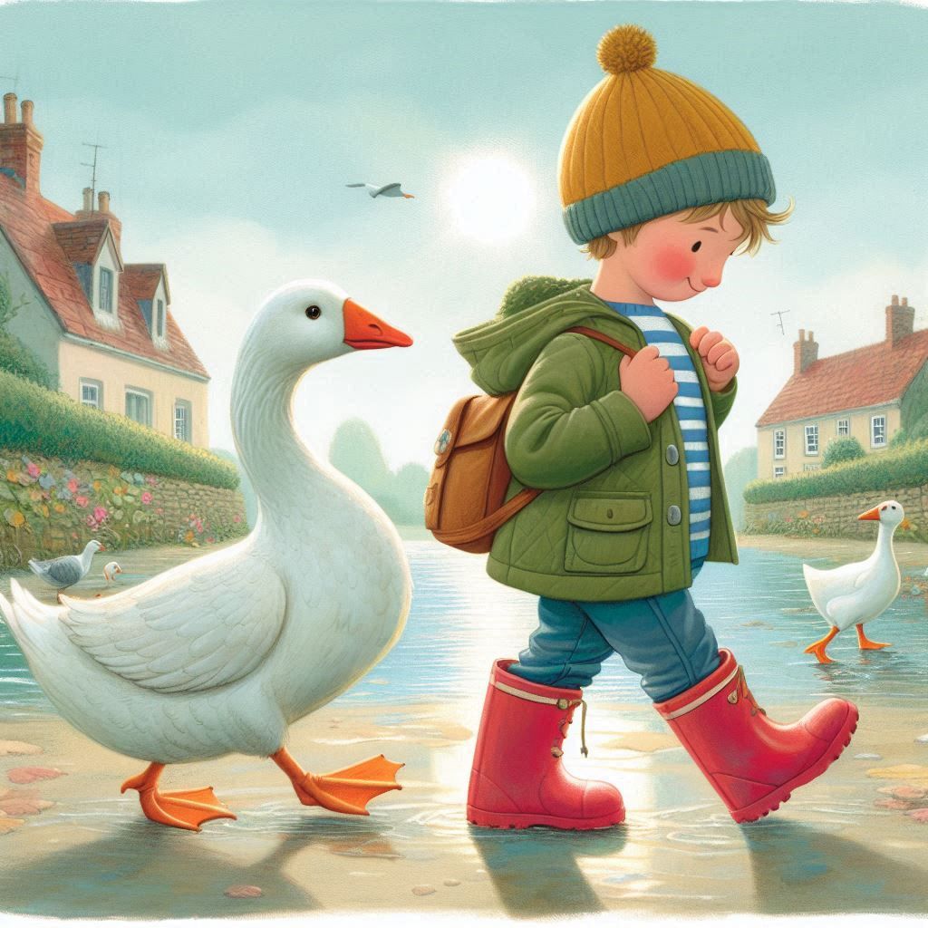 a little boy in rubber boots and his goose go for a walk together,