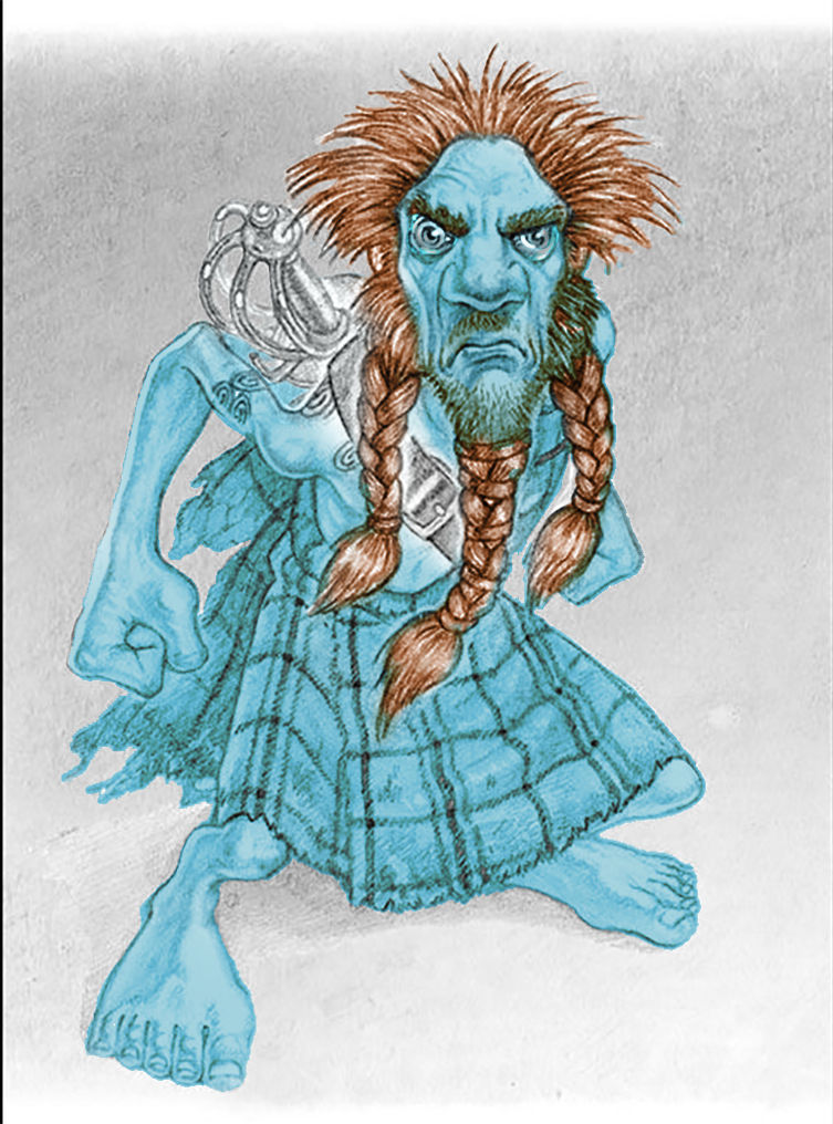 six-inch-high men whose bodies are covered entirely in blue tattoos, wearing tartan kilts. fierce, sword-wielding, wiry warriors they fight...