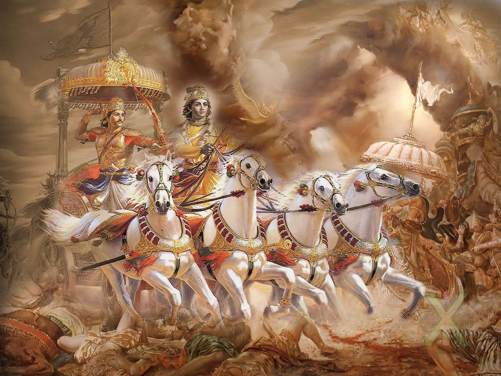 A dynamic battle scene from Indian mythology, featuring a warrior prince in a golden chariot pulled by four white horses. A calm, divine cha...
