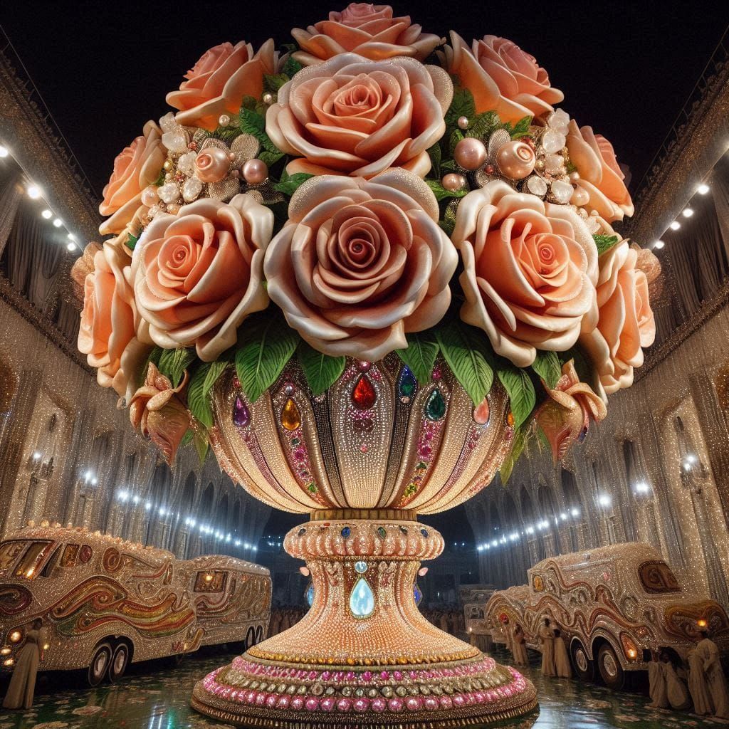 A stunning vase with beautiful bright flowers with lots of sparkling jewelry. detailed matte painting, deep color, fantastical, intricate de...