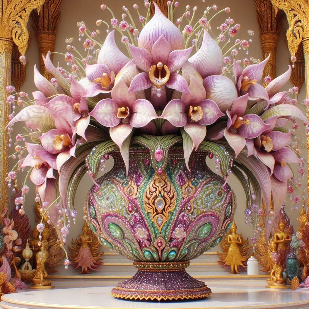 A stunning vase with beautiful bright flowers with lots of sparkling jewelry. detailed matte painting, deep color, fantastical, intricate de...
