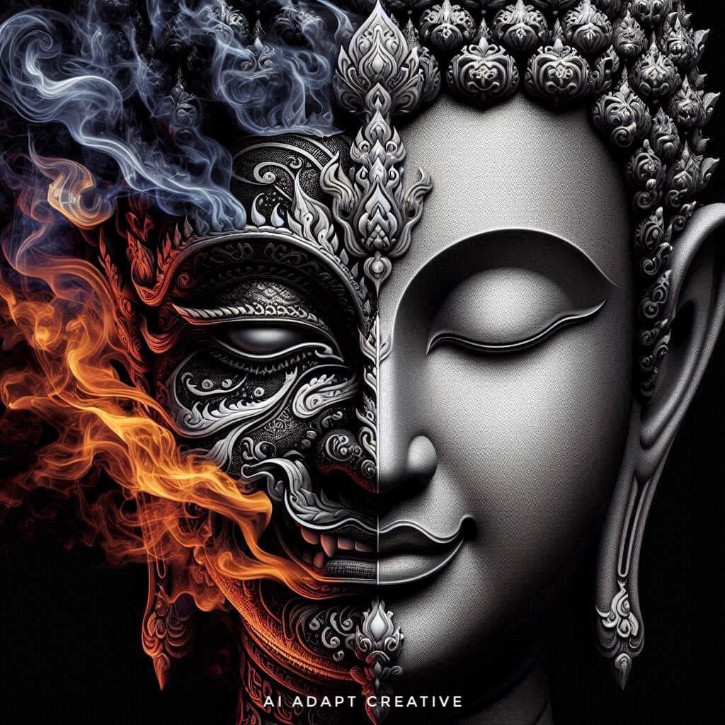 Concept (figure) face of a Buddha and half is a Devil , Close Up, Wide angel A Surreal the face of a Buddha and half is a Devil, Shade of Bl...