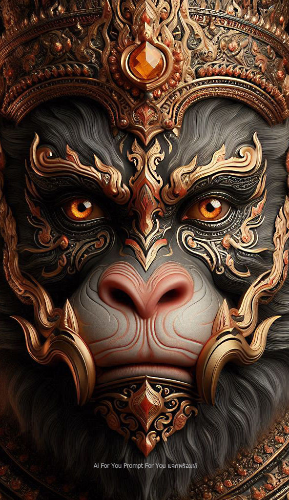 The face of the great god Hanuman, the monkey king, the Thai monkey soldier is decorated with gold. Zoom in black and red with beautiful Chi...