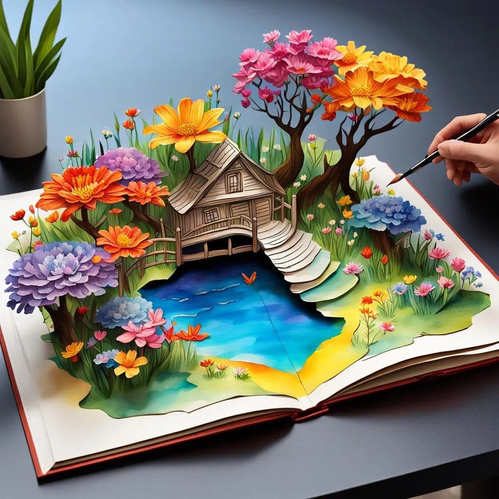 A pop-up book open on a table with Spring scene with colorful flowers coming out of the book, Masterpiece, highly detailed (coming to life a...