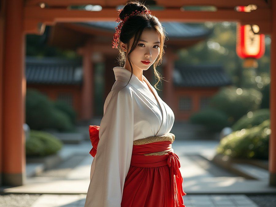 写真　神社の　セクシー美女巫女の戯れ　白無垢　赤袴　神社境内　プラネット航行１ライトイヤー涅槃寂静倍２