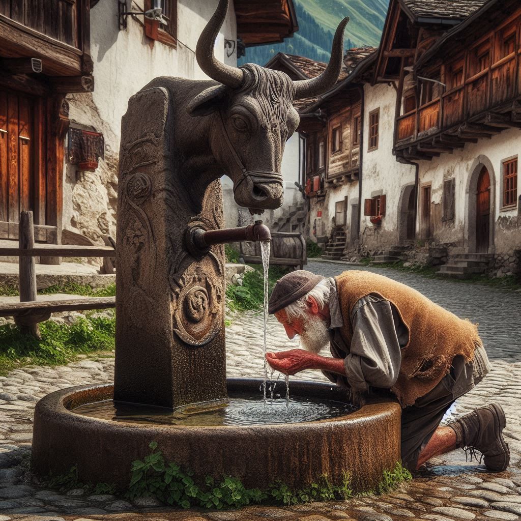 old man drinks from the fountain
