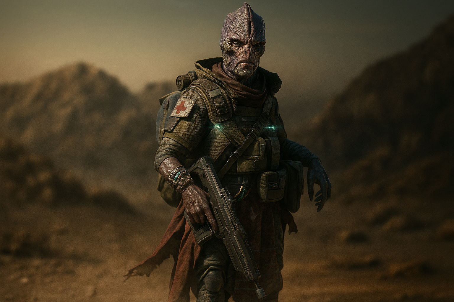 Cinematic Banu Alien warrior in a desert landscape