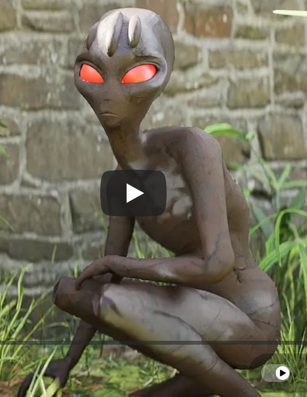an alien gray, female, pale, kneeling near a brick fence. Tear drop face, teardrop almond like eyes, but the eyes are red, almost luminescen...