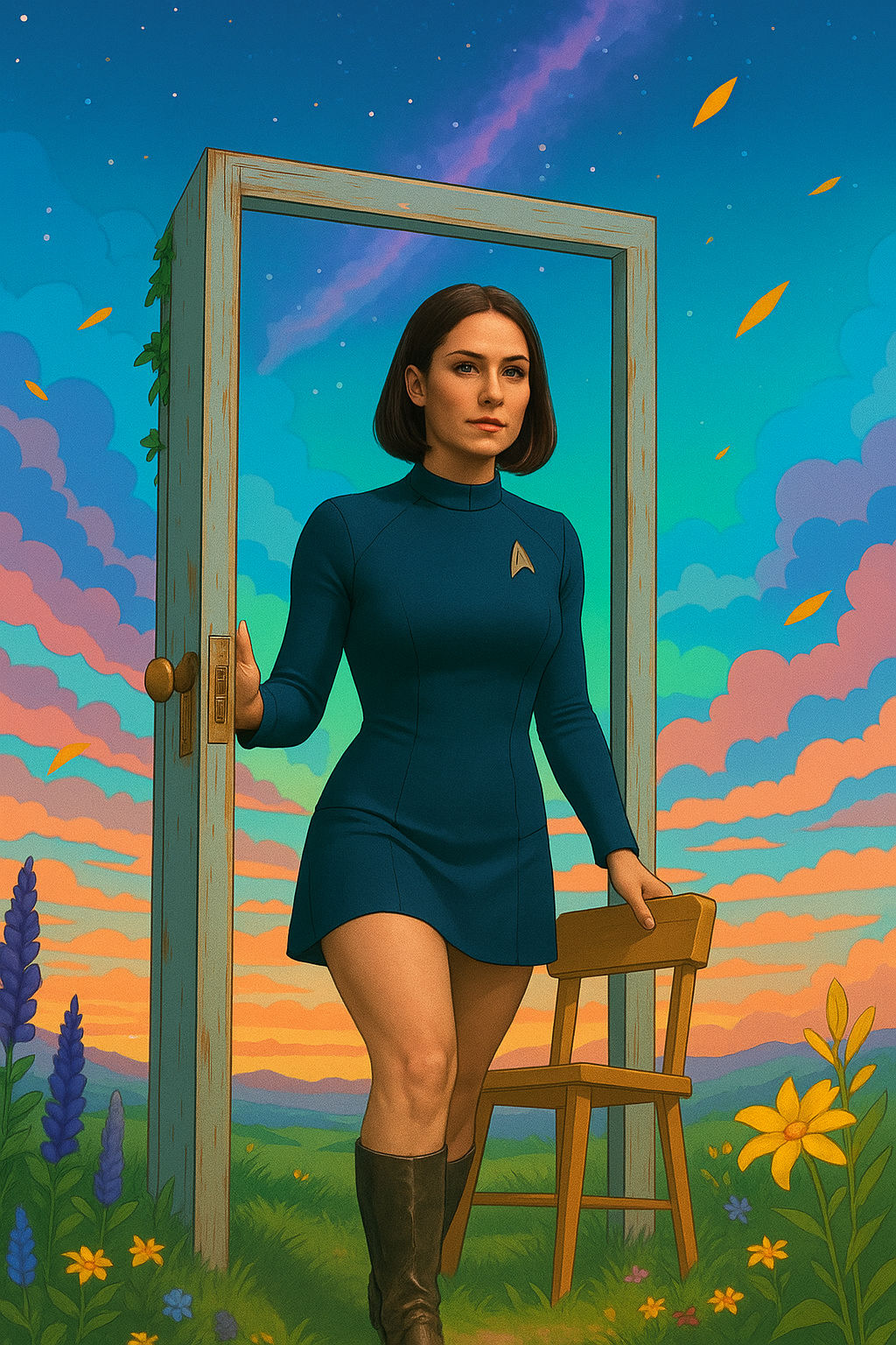 Loxy Isadora Bliss walking through a door like Suzume. Make Loxy photo real, but the backdrop stays cartoonish and layered. Loxy is a Star F...